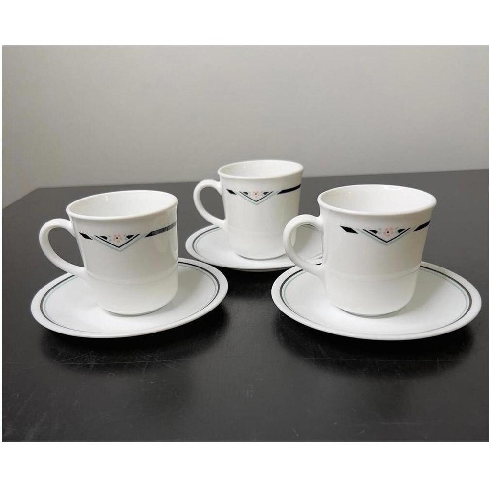 Corelle Rosemarie Tea Cup and Saucer Set 3 White Teal‎ Pink Floral Vintage 90s